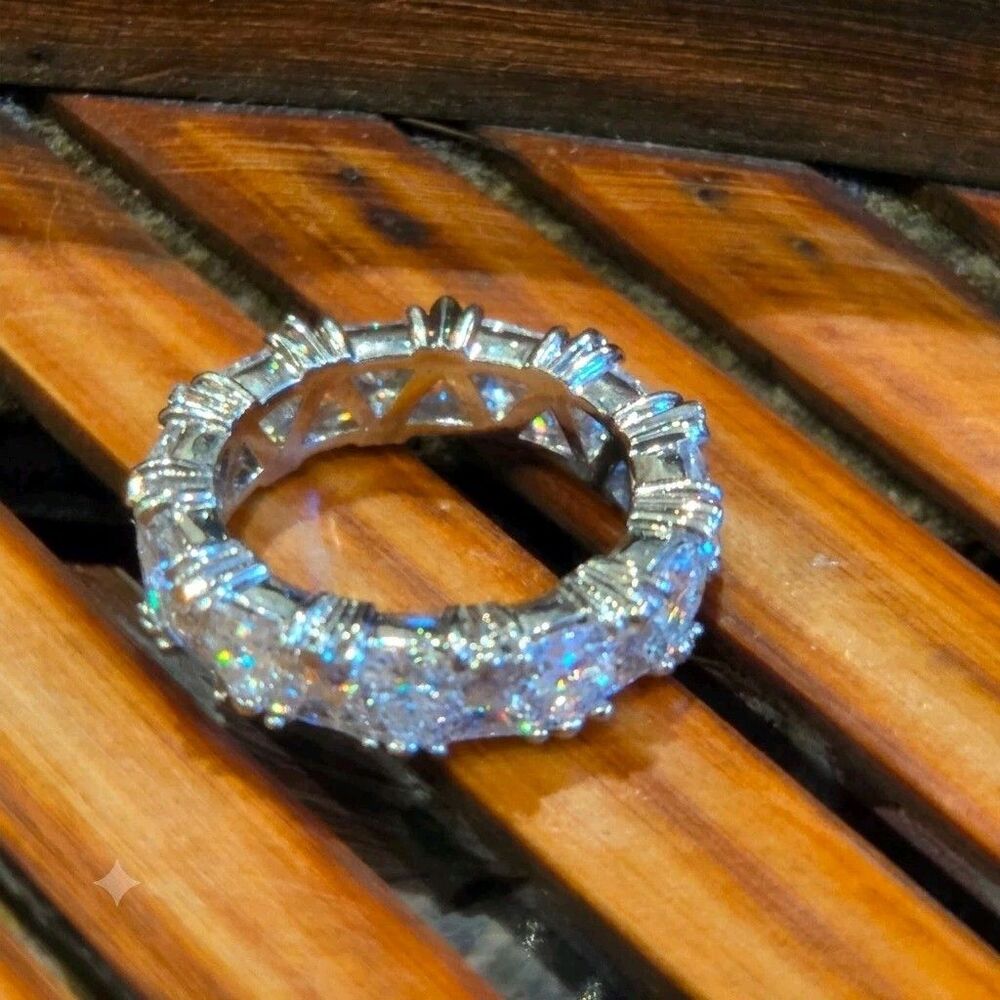 Sparkling Clear Eternity Band Ring Geometric Square Cut Silver Tone Size 9